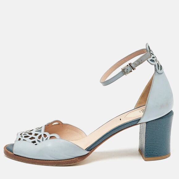 Fendi Two Tone Blue Leather Cut Out Ankle Strap Sandals Size 41